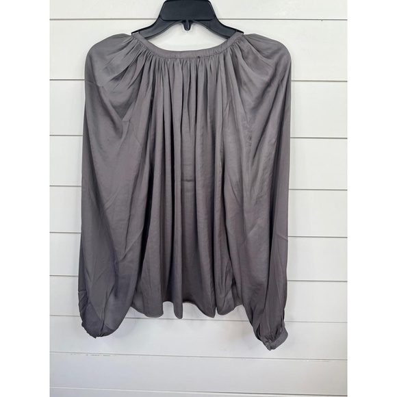 T TAHARI Women Size S Steel Grey V-Neck Tie Blouse Relaxed Fit Satin Peasant Top - Picture 4 of 8